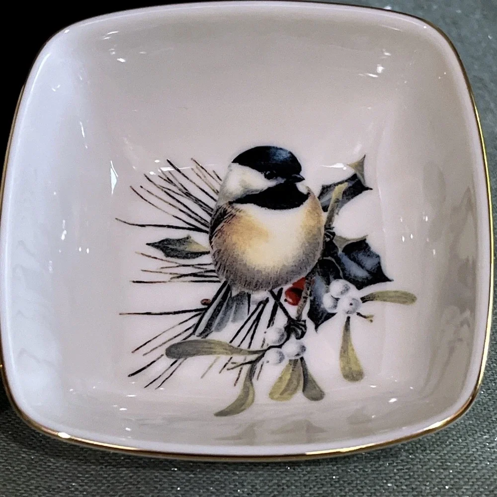 LENOX WINTER GREETINGS 2 Dipping Bowls~NUTHATCH & CHICKADEE~Catherine McClung